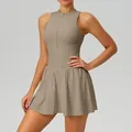 Premium soft sleeveless stand-collar tennis dress with flared A-line skirt in taupe grey - S / Top And Bottom / Flaxen