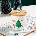Taza navideña de cerámica blanca con tapa de madera de muñeco de nieve y cuchara blanca - Estilo Árbol de Navidad (Blanco 3)