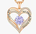 Close-up of rose gold double heart necklace with purple stone and love engraving - June - Rose Gold