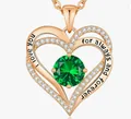 Detailed view of rose gold double heart necklace with green stone and engraving - May - Rose Gold