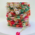 Chaîne de fleurs en perles colorées faite main sur bobine blanche pour bijoux DIY - Or Couleurs Mélangées B