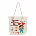Canvas tote bag featuring nurse cartoon graphics and rope handles for daily shopping - Cartoon Nurse Medical Elements Style (ms4538)