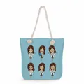 Close-up detail of the cute cartoon nurse characters printed on light blue canvas tote bag - Light Blue Cartoon Nurse Expressions Style (ms4540)