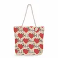 Detailed view of a canvas nurse tote bag featuring heart and heartbeat patterns. - Beige Red Heart Heartbeat Floral Style (ms4553)