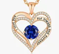 Elegant rose gold double heart pendant necklace with blue birthstone and engraving. - September - Rose Gold