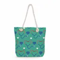 Detail of nurse themed canvas tote bag with heart stethoscope pattern and rope handles - Cyan-green Heart Stethoscope Print Style (ms4557)