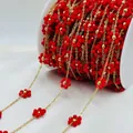 Exquisite red flower beaded chain with gold link details for DIY jewelry making crafts - Gold Bright Red
