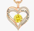 Rose gold double heart necklace with yellow birthstone and I love you engraving - November - Rose Gold