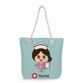 Front view of light blue tote bag featuring a cute cartoon nurse print and rope handles. - Light Blue Chibi Cartoon Nurse Style (ms4562)