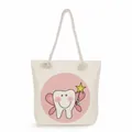 Detailed view of a cute tooth fairy print on a large capacity white canvas tote shopping bag - Pink Round Background Tooth Fairy Style (ms4564)