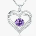 Elegant double heart pendant necklace featuring a round purple birthstone and love engraving - February Purple - Silver Color