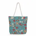 Large nurse themed printed canvas tote bag with medical patterns and rope handles. - Blue-green Medical Elements Tiled Style (ms4567)