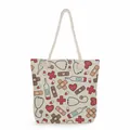 Detail view of large canvas tote bag with medical nurse theme print and rope handles - Light Beige Medical Cartoon All-over Print Style (ms4568)