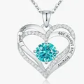 Silver-tone double heart necklace with blue birthstone and I Love You engraving - December Green - Silver Color