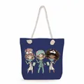 Detailed close-up view of dark blue nurse print tote bag with thick white rope handles - Deep Blue Three Cartoon Nurses Style (ms4569)