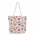 Detailed view of large capacity canvas tote bag with pink nurse theme print - Beige Medical Profession Quotes Style (ms4571)