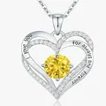 Elegant heart-shaped pendant necklace with a yellow gemstone and 'I love you' engraving - November Yellow - Silver Color