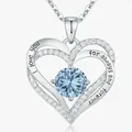 Silver-tone double heart necklace featuring a light blue gemstone centerpiece. - March Sky Blue - Silver Color