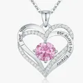 Elegant double heart pendant necklace with pink birthstone and engraved romantic message - October Pink - Silver