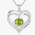 Double heart pendant necklace with green birthstone and 'I love you' engraving silver - August Army Green - Silver Color