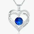 Elegant double heart pendant necklace with blue birthstone and 'I love you' engraving - September Sea Blue - Silver Color