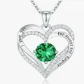 Double layer heart pendant necklace with green birthstone and I love you engraving - May Green-Silver Color