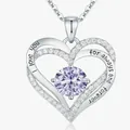 Elegant silver double heart pendant necklace with purple gemstone and engraving - June Light Purple - Silver Color