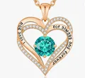 Elegant rose gold double heart pendant necklace with teal gemstone and I love you engraving - December - Rose Gold