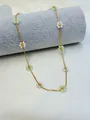 Elegant handmade gold chain necklace featuring delicate white pearl and green flower charms - Gold Fruit Green + Artificial Pearl White
