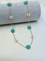 Handmade woven gold chain with blue and white bead flowers necklace and bracelet - Gold Turquoise Green + Artificial Pearl White