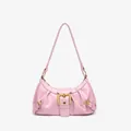 Elegant pink pleated cloud shoulder bag with decorative gold buckle hardware for women - Pink