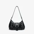 Vintage black pleated shiny patent leather underarm shoulder bag with metal buckle - Black