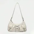 Retro creamy white pleated cloud underarm bag for women with chic buckle hardware detail - Off White