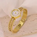 Elegant gold-tone stainless steel bangle watch featuring a luxury rhinestone bezel design - Hollow Chain Style (B01328)