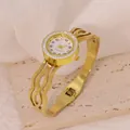 Elegant golden titanium steel bangle watch with crystal bezel and rotatable dial - Hollow Wave Style (B01330)