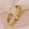 Elegant gold titanium steel bangle watch with rhinestone bezel and Greek key pattern - Meander Pattern Style (B01331)