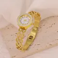Elegant gold titanium steel bangle watch with hollow lattice band and crystal bezel - Hollow Woven Mesh Style (B01332)