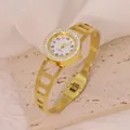 Elegant gold-tone titanium steel women's bangle watch with a sparkling rhinestone bezel - Geometric Hollow Style (B01336)