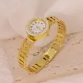 Elegant golden stainless steel bangle watch with sparkling rhinestone bezel for women - S-Shaped Hollow Chain Style (B01337)