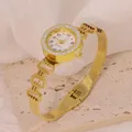Elegant gold titanium steel bangle watch with crystal encrusted bezel and quartz movement - Hollow Chain with Metal Plate Style (B01385)