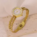 Elegant gold stainless steel jewelry bangle watch featuring a sparkling rhinestone bezel - Double-Row Honeycomb Hollow Style (B01387)