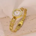 Elegant fashion gold stainless steel bracelet watch with sparkling rhinestone bezel design - Semi-Rigid Link Style (B01388)