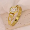 Fashionable gold-colored stainless steel watch bangle with crystal-encrusted bezel for women - Chain Circle Hollow Style (B01389)
