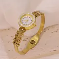 Elegant gold titanium steel bracelet watch featuring a leaf design and rhinestones - Hollow Leaf/Branch Style (B01391)