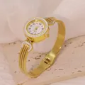 Elegant gold stainless steel bangle watch with crystal bezel and quartz movement for women - Triple-Line Hollow Rhinestone Style (B01396)
