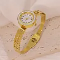 Elegant gold titanium steel bangle watch featuring a wavy design and rhinestone bezel - Wavy Hollow Style (B01398)