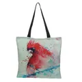 Linen tote bag with vibrant watercolor cardinal bird print and black shoulder handles - Cardinal Pattern (P2165-2)