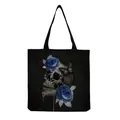 Detailed artistic skull and blue rose graphic print on a black canvas tote bag for daily use - Dark Gothic Skull with Blue Roses and Butterflies (hm6644)
