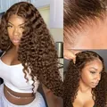 Long chocolate brown kinky curly 13x6 lace front human hair wig with a natural hairline - Tan