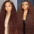 Premium long kinky curly 13x6 lace front human hair wig in a rich brown color for women. - Dark Brown